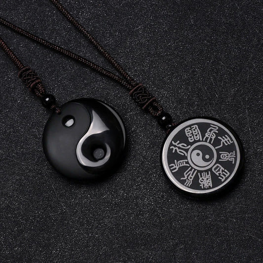 Spirituality Buddha Karma Black Obsidian Taoism Five Sacred Mountains Nine-Character Mantra Carved Purification Yin Yang Necklace Pendant