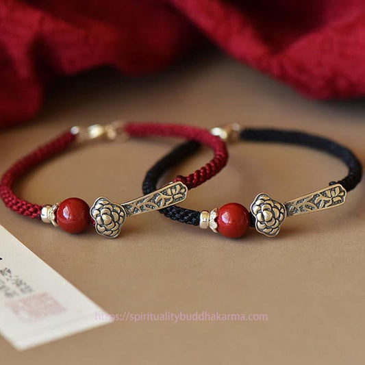 Ancient Tibetan Buddhist Red String Tradition 925 Sterling Silver Cinnabar Blessing String Bracelet