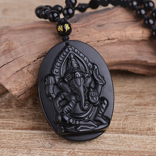 Spirituality Buddha Karma Tibetan Obsidian Ganesh Ganpati Elephant Wealth Amulet Necklace