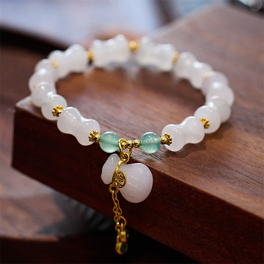 Jade Natural White Golden Silk Jade Bamboo Pattern Wealth Lucky Bag Fu Character Bracelet
