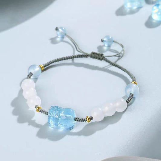 Ancient Tibetan Buddhist Red String Tradition Natural Aquamarine PiXiu Hetian White Jade Healing Bracelet