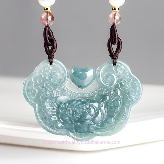 Jade Natural Jade Peony Flower Lock of Good Wishes Prosperity Necklace Pendant