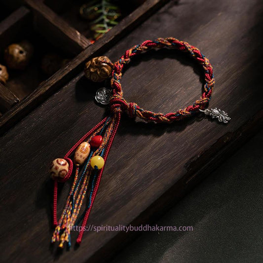 Ancient Tibetan Buddhist Red String Tradition Tibetan Handmade Colorful Thread 925 Sterling Silver Koi Fish Protection Strength String Bracelet