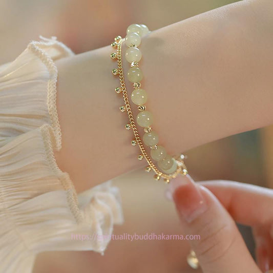 Jade 14K Gold Plated 2 Layers Hetian Jade Bead Luck Prosperity Bracelet