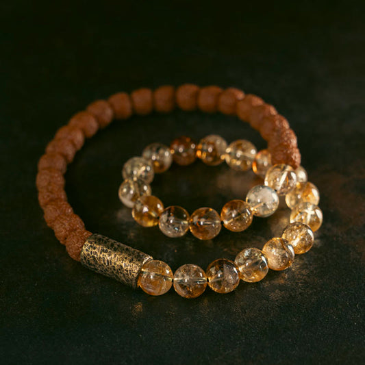 Golden Energy Citrine Natural Wealth Solar Plexus Chakra (Third Chakra) Crystal Rudraksha Bodhi Seed Brass Bead Prosperity Double Wrap Bracelet