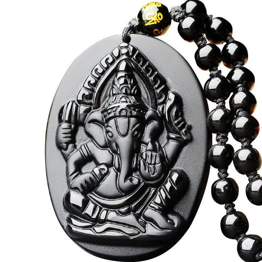 Spirituality Buddha Karma  Tibetan Obsidian Ganesh Ganpati Elephant Wealth Amulet Necklace
