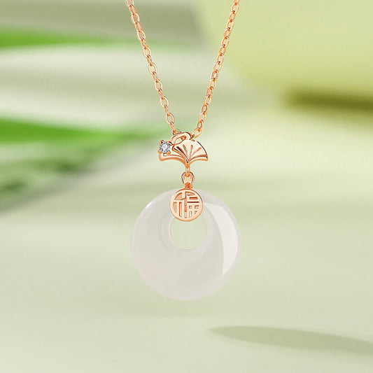 Jade  925 Sterling Silver Ginkgo Leaf Butterfly Rose Chalcedony Hetian Jade Peace Buckle Fu Character Harmony Necklace Pendant