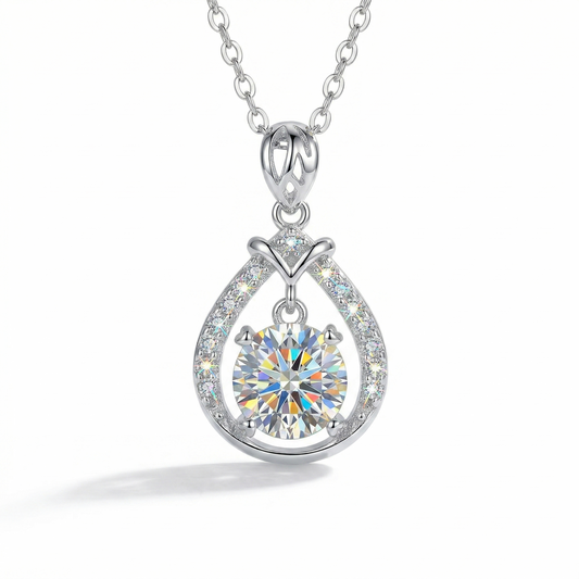 1ct / 2ct Moissanite Teardrop Halo Necklace, S925 Sterling Silver Pendant