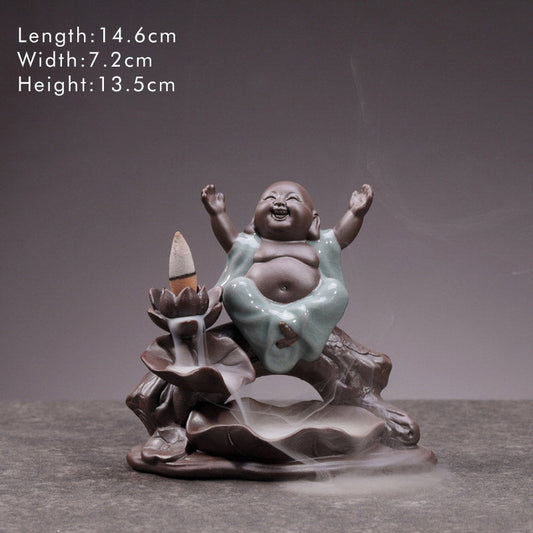Spirituality Little Monk Ceramic Lotus Blessing Incense Burner Decoration