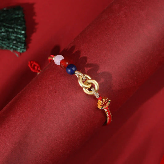 Ancient Tibetan Buddhist Red String Tradition  925 Sterling Silver Double Peace Buckle Lotus Auspicious Bracelet