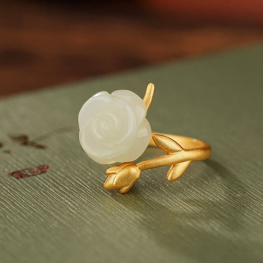 Jade  925 Sterling Silver Plated Gold Rose Flower Hetian White Jade Happiness Ring