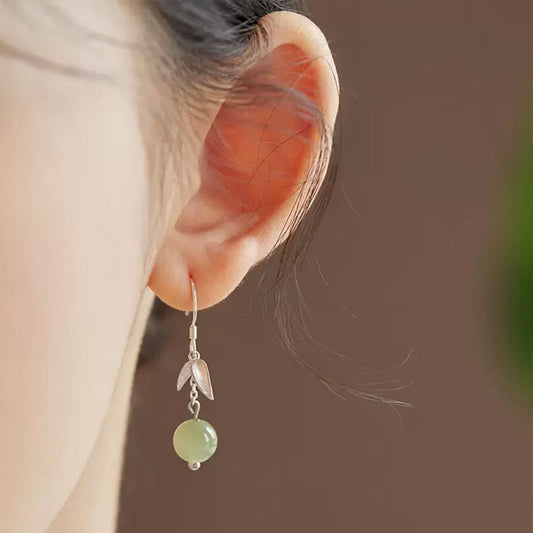 Jade  999 Sterling Silver Hetian Jade Bead Bamboo Leaf Luck Drop Dangle Earrings