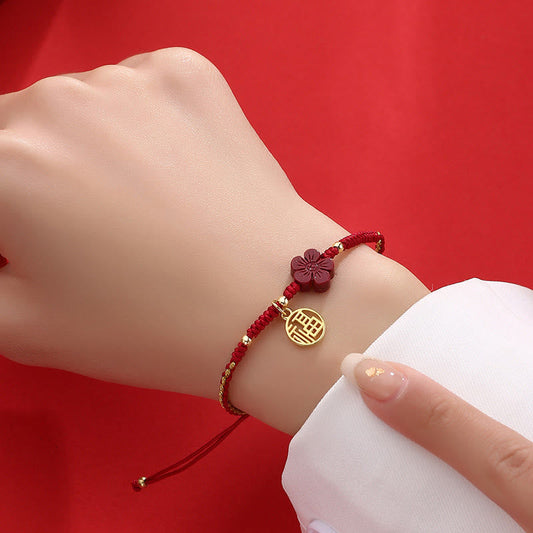 Ancient Tibetan Buddhist Red String Tradition  Cinnabar Flower Fu Character Blessing Braided String Bracelet