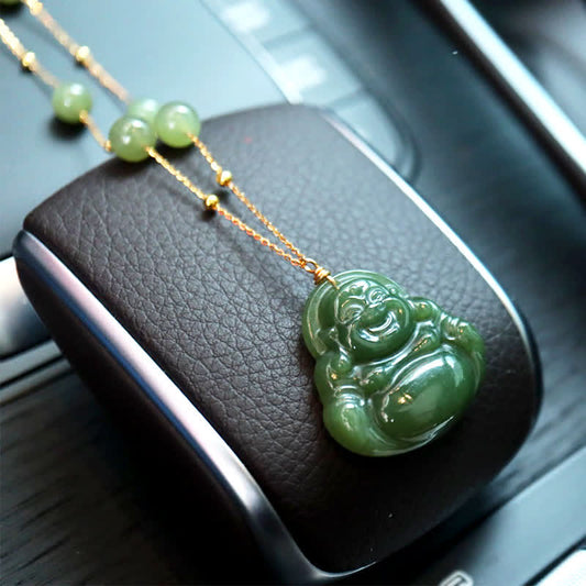 Buddha Energy Necklace Laughing Buddha Hetian Jade Luck Necklace Bead Chain Pendant