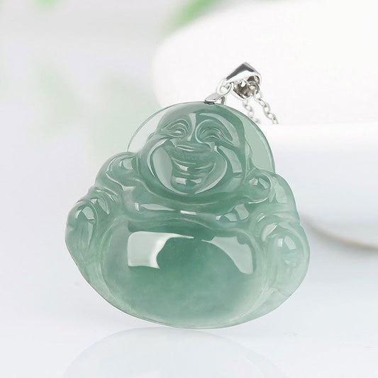 Jade  925 Sterling Silver Laughing Buddha Jade Protection Calm Necklace Chain Pendant
