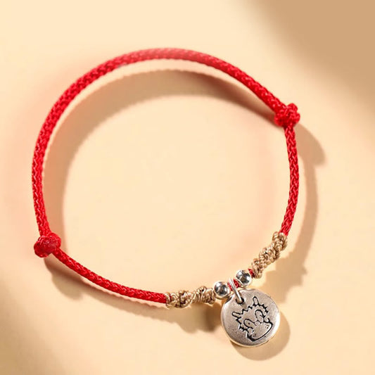 Ancient Tibetan Buddhist Red String Tradition  Handmade 999 Sterling Silver Year of the Dragon Cute Chinese Zodiac Luck Braided Bracelet