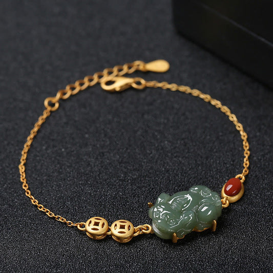 Jade  Cyan Jade PiXiu Copper Coin Red Agate Success Chain Bracelet