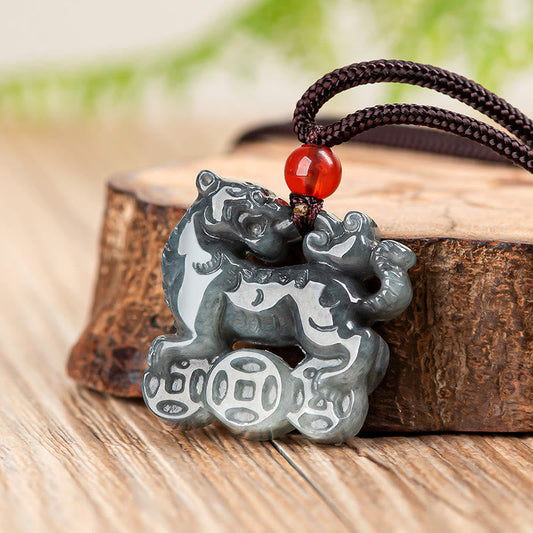 Jade  Natural Jade Tiger Copper Coin Pattern Luck Necklace Pendant