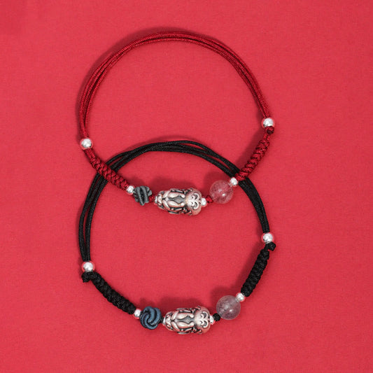 Ancient Tibetan Buddhist Red String Tradition  999 Sterling Silver PiXiu Strawberry Quartz Bead Wealth Luck Braided Bracelet