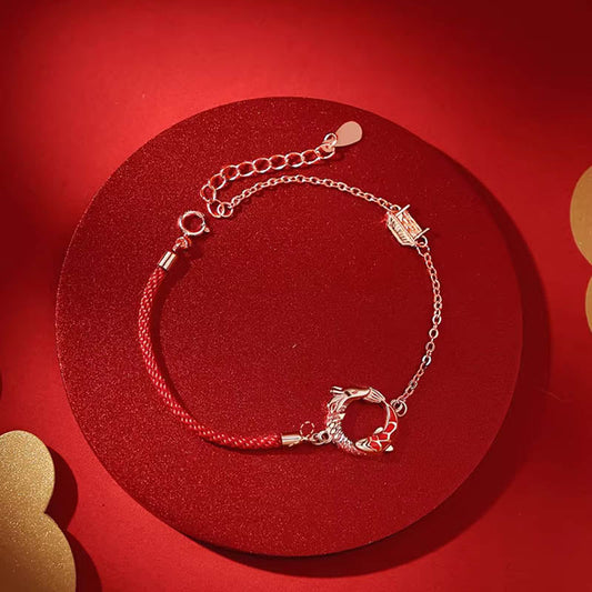 Ancient Tibetan Buddhist Red String Tradition  925 Sterling Silver Year Of The Dragon Copper Koi Fish Luck Protection Bracelet