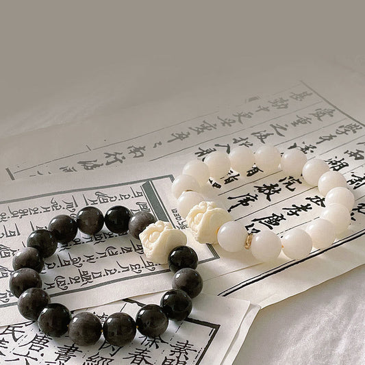 Spirituality Buddha Karma Silver Sheen Obsidian Bodhi Seed Ivory Fruit Dancing Lion Protection Bracelet