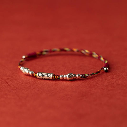 Ancient Tibetan Buddhist Red String Tradition  925 Sterling Silver Luck Koi Fish Braided Colorful String Bracelet Anklet