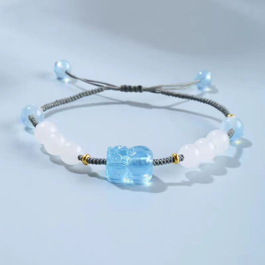 Ancient Tibetan Buddhist Red String Tradition  Natural Aquamarine PiXiu Hetian White Jade Healing Bracelet