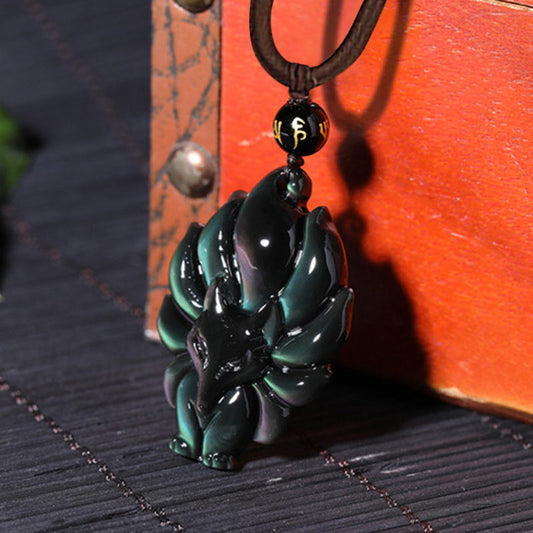 Spirituality Buddha Karma Natural Rainbow Obsidian Gold Sheen Obsidian Nine Tailed Fox Positive Necklace Pendant
