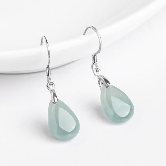 Jade  925 Sterling Silver Jade Water Drop Pattern Luck Prosperity Dangle Earrings