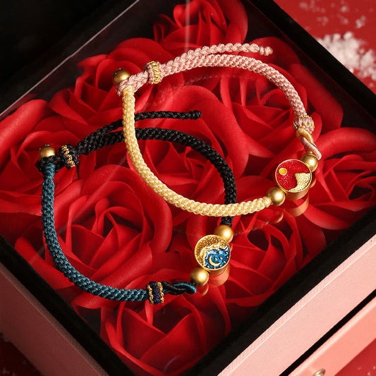Ancient Tibetan Buddhist Red String Tradition  Handmade Mountain and Sea Engraved Luck Two-Color String Couple Bracelet