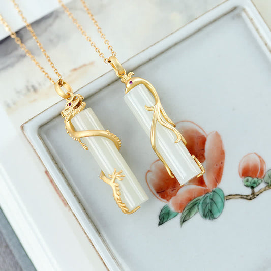 Jade  Jade Dragon Phoenix Copper Protection Necklace Pendant