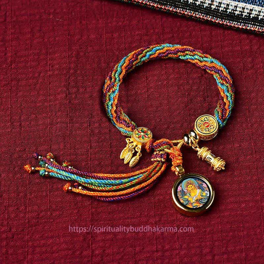 Ancient Tibetan Buddhist Red String Tradition  Tibetan Luck Reincarnation Knot Prayer Wheel Dream Catcher Braid String Bracelet
