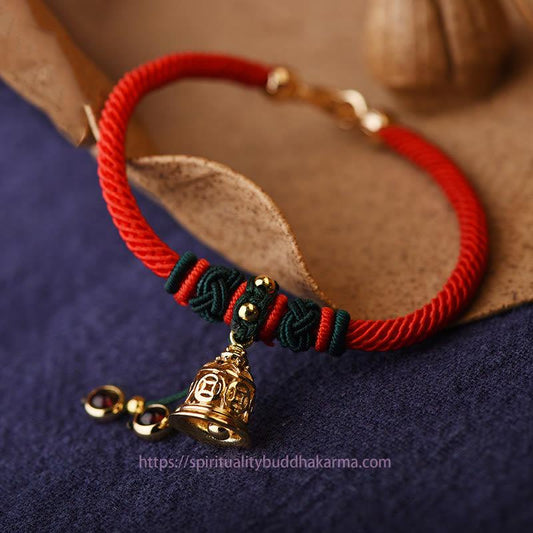 Ancient Tibetan Buddhist Red String Tradition  14K Gold Plated Copper Coin Bell Garnet Handcrafted Red Rope Bracelet