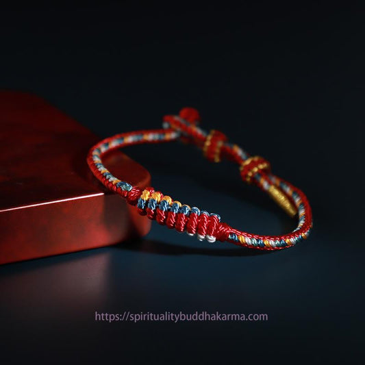 Ancient Tibetan Buddhist Red String Tradition  Tibetan Handmade Eight Thread Peace Knot Prayer Wheel Braided Protection Bracelet