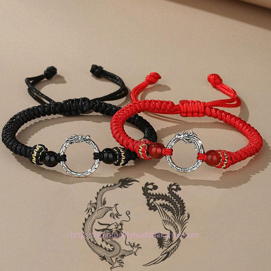 Ancient Tibetan Buddhist Red String Tradition  Handmade 925 Sterling Silver Year of the Dragon Phoenix Peace Buckle Luck Couple Bracelet