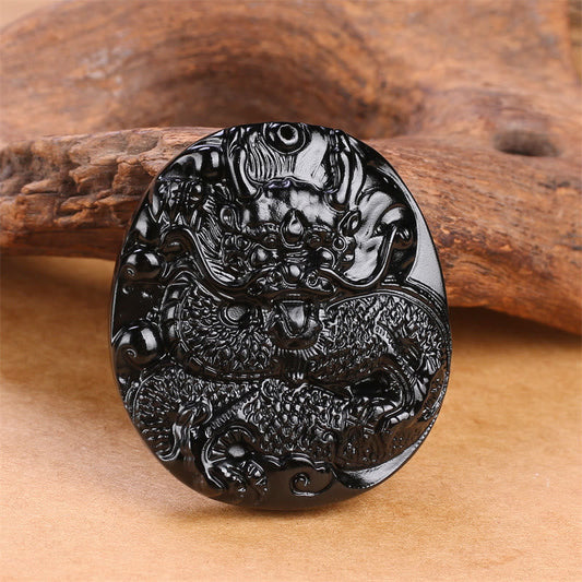 Spirituality Buddha Karma Natural Black Obsidian Round Dragon Carved Protection Necklace Pendant