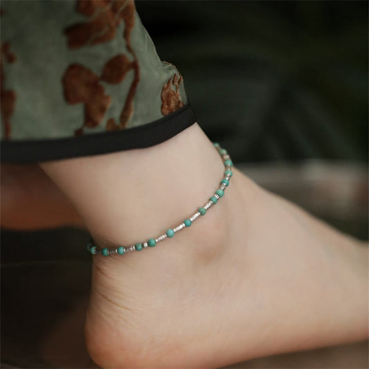 Spirituality Buddha Karma 925 Sterling Silver Turquoise Small Beads Fish Pattern Protection Anklet