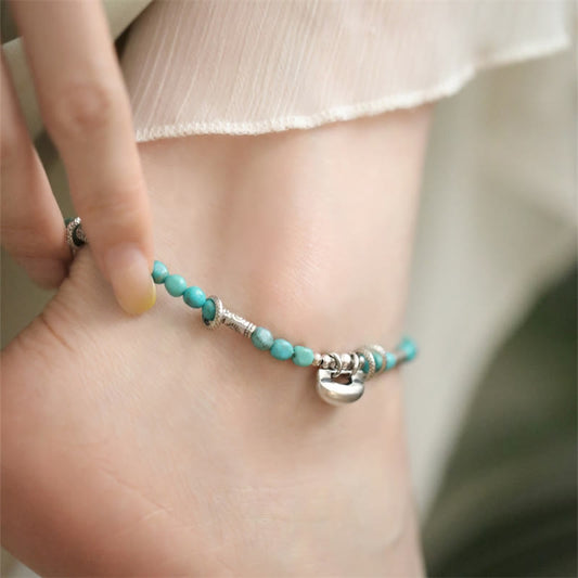 Spirituality Buddha Karma 925 Sterling Silver Turquoise Small Beads Chinese Lock Charm Strength Anklet
