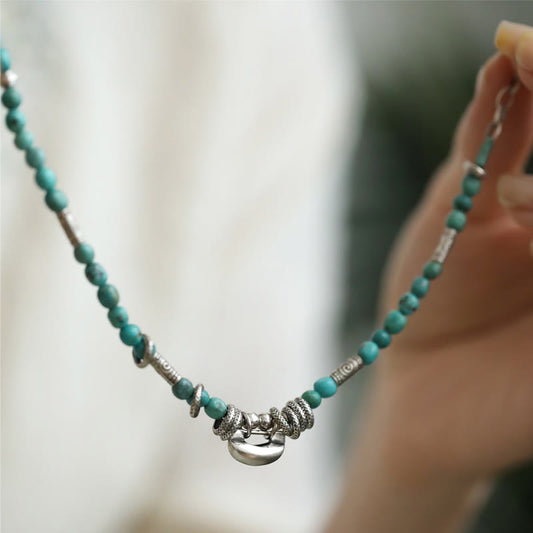 Spirituality Buddha Karma 925 Sterling Silver Turquoise Small Beads Chinese Lock Charm Strength Anklet