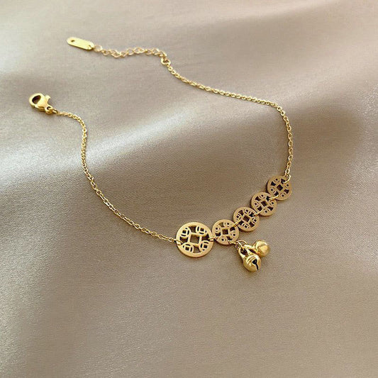 Spirituality Buddha Karma Copper Coins Bell Charm Titanium Steel Strengthen Anklet