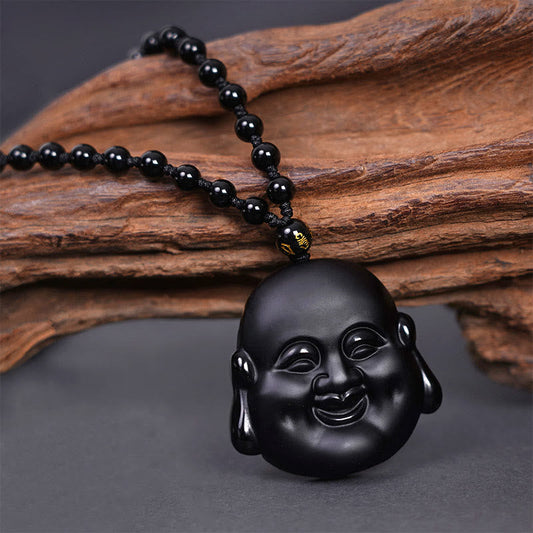 Happiness Luck Natural Black Obsidian Laughing Buddha Necklace Pendant