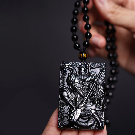 Spirituality Buddha Karma Black Obsidian Guan Gong Amulet Engraved Strength Necklace Pendant