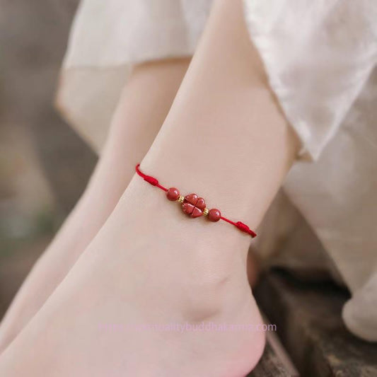 Tibetan Knot Protection Cinnabar Four Leaf Clover Blessing String Rope Anklet