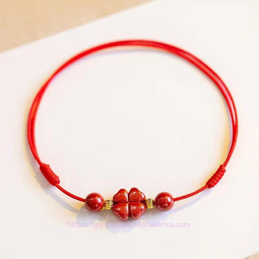 Tibetan Knot Protection Cinnabar Four Leaf Clover Blessing String Rope Anklet