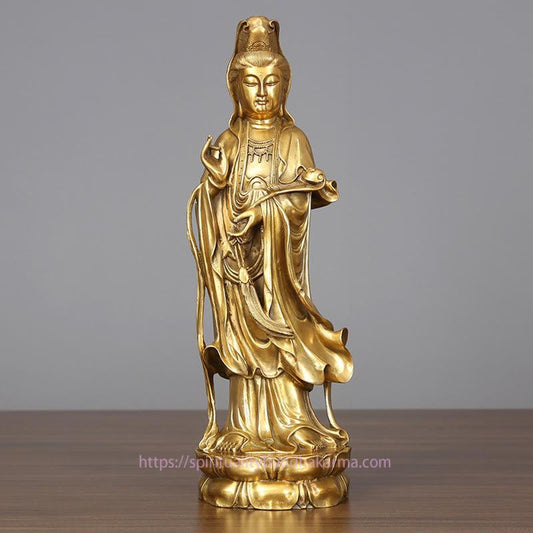 Spirituality Golden Standing Kwan Yin Avalokitesvara Wealth Brass Copper Statue Home Desk Decoration