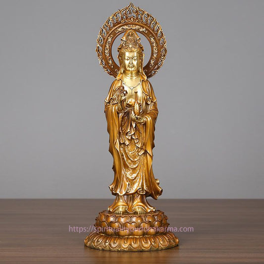 Spirituality Kwan Yin Avalokitesvara Lotus Aura Success Brass Copper Statue Home Decoration