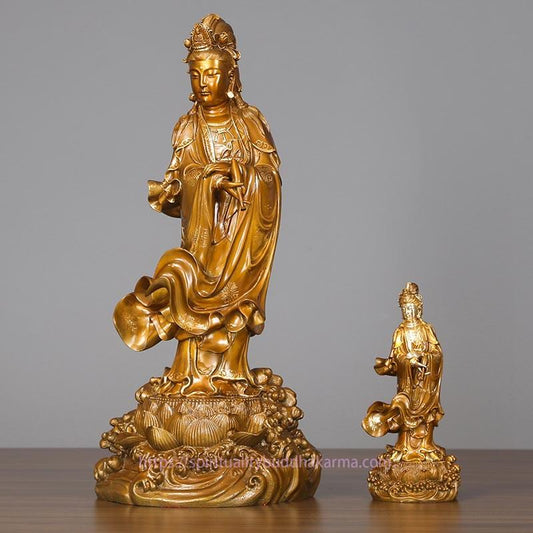 Spirituality Kwan Yin Avalokitesvara Holding A Vase Brass Harmony Copper Statue Home Decoration