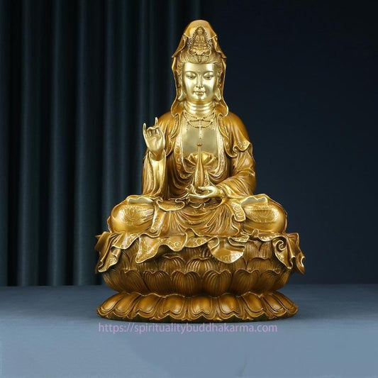 Spirituality Kwan Yin Avalokitesvara Lotus Sitting Harmony Brass Copper Statue Home Altar Decoration