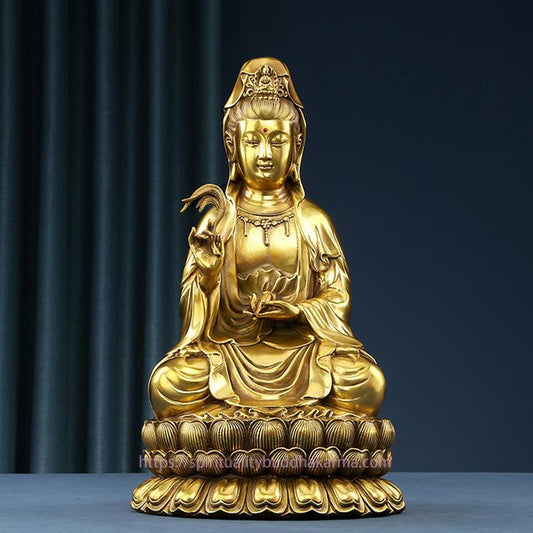Spirituality Kwan Yin Avalokitesvara Holding A Willow Bottle Harmony Brass Copper Statue Home Decoration