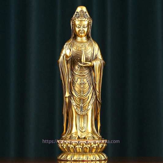 Spirituality Kwan Yin Avalokitesvara Holding The Dharma Wheel Wealth Brass Copper Statue Decoration
